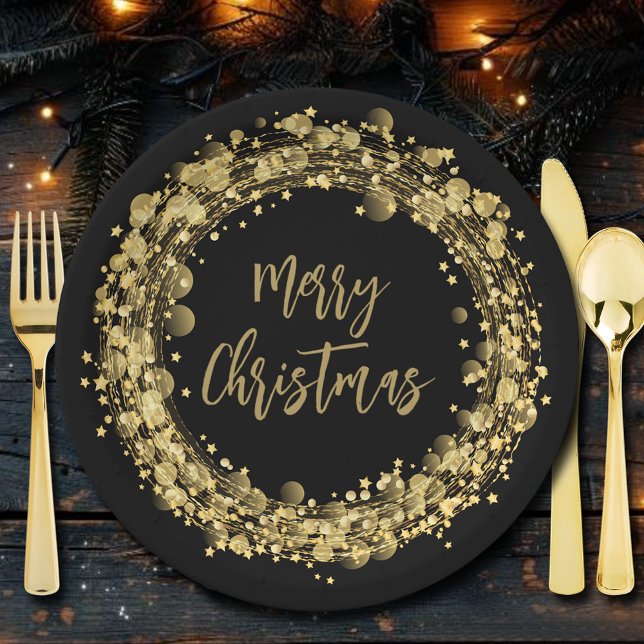 Merry Christmas Gold Stars Paper Plate (Merry Christmas Gold Stars on Black Paper Plates)