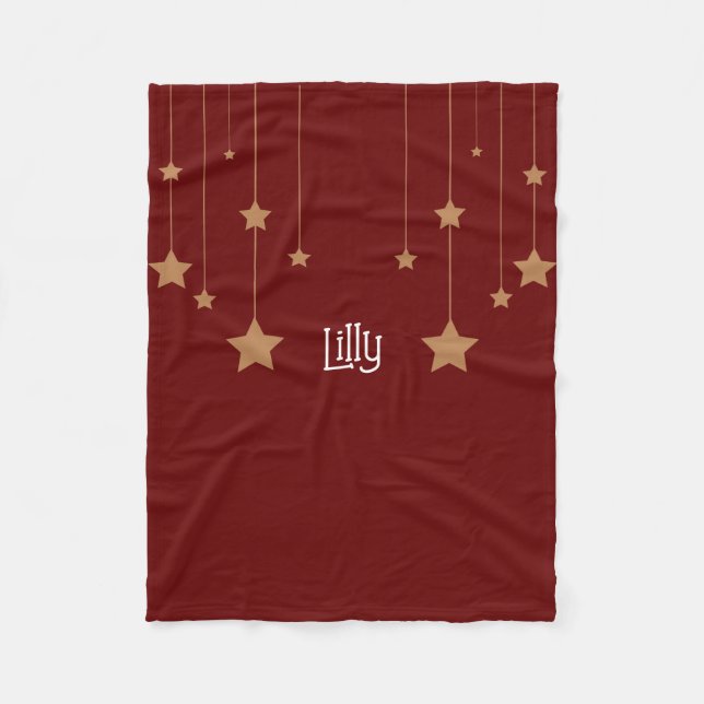 Merry Christmas Gold Stars Personalised Deep Red  Fleece Blanket (Front)
