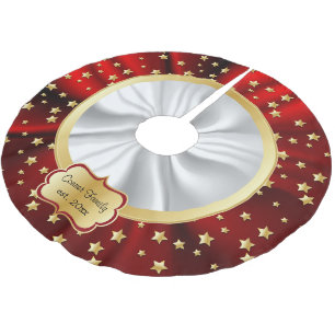 Merry Christmas Gold Stars Red & White Background Brushed Polyester Tree Skirt
