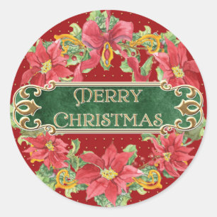 Merry Christmas Gold Swirl Poinsettia Wreath Jewel Classic Round Sticker