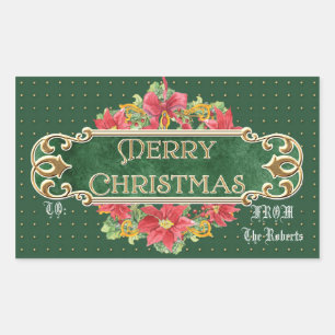 Merry Christmas Gold Swirl Poinsettia Wreath Jewel Rectangular Sticker
