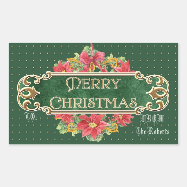 Merry Christmas Gold Swirl Poinsettia Wreath Jewel Rectangular Sticker (Front)