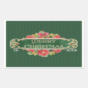 Merry Christmas Gold Swirl Poinsettia Wreath Jewel Rectangular Sticker
