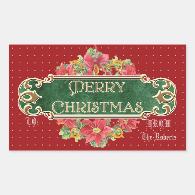 Merry Christmas Gold Swirl Poinsettia Wreath Jewel Rectangular Sticker (Front)
