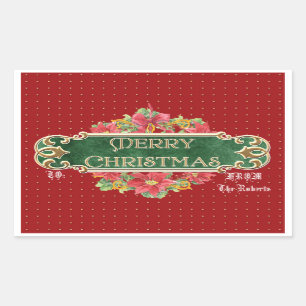 Merry Christmas Gold Swirl Poinsettia Wreath Jewel Rectangular Sticker