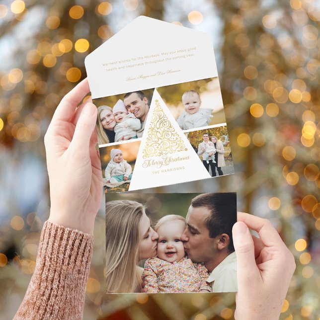 Merry Christmas Gold Swirl Tree 4 Photo Collage All In One Invitation (Creator Uploaded)