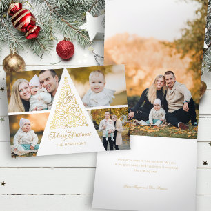 Merry Christmas Gold Swirl Tree 4 Photo Collage Tri-Fold Holiday Card
