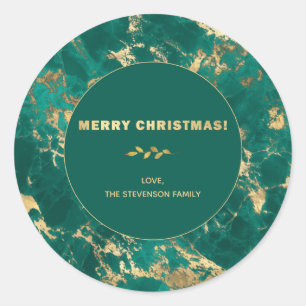Merry Christmas Gold Teal Marble Personalise Classic Round Sticker