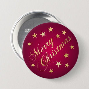 Merry Christmas Gold Tones Stars Burgundy Cheerful 7.5 Cm Round Badge