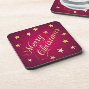 Merry Christmas Gold Tones Stars Burgundy Elegant Coaster