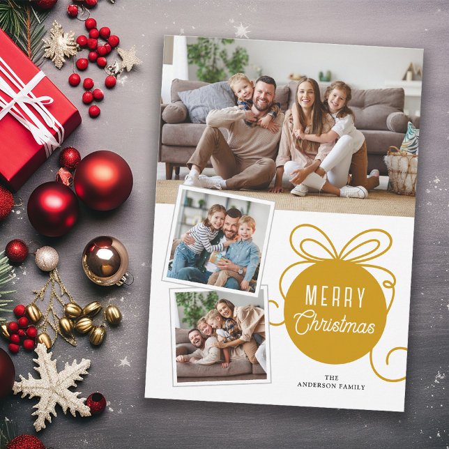 Merry Christmas Gold Tree Ornament 3 Photos Holiday Card (Creator Uploaded)
