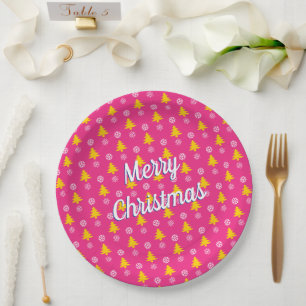 Merry Christmas, Gold Trees & Snow Flakes Paper Plate