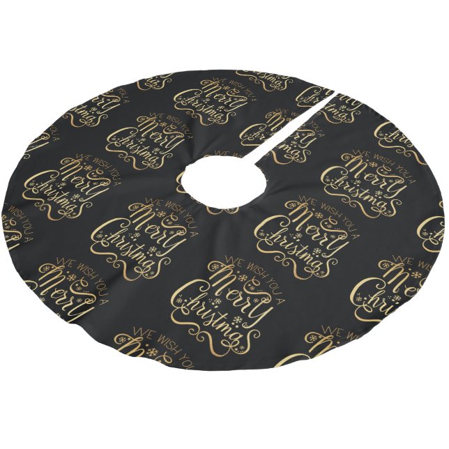 Merry Christmas Gold Typography Black Chic Brushed Polyester Tree Skirt (Angled)