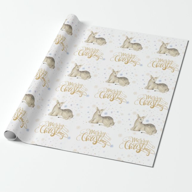 Merry Christmas Gold Typography & Christmas Deer Wrapping Paper (Unrolled)