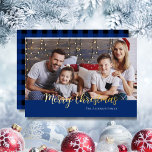 Merry Christmas Gold Typography Family Photo Name Foil Holiday Card<br><div class="desc">Merry Christmas Quote Gold Typography Seasonal family photo Black & Blue Plaid foil holiday card.</div>
