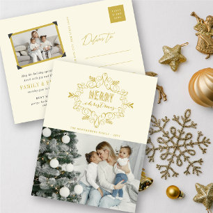 Merry Christmas Gold Vintage Deco Foliage Photo Holiday Postcard