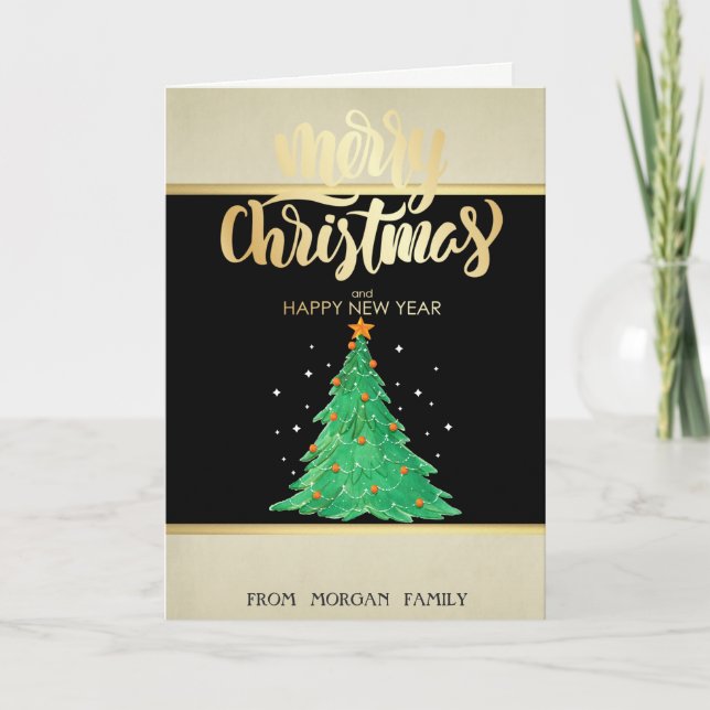Merry Christmas,Gold,Watercolor Christmas Tree  Holiday Card (Front)