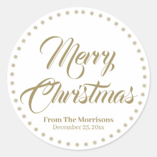 Merry Christmas gold white custom name favours  Classic Round Sticker