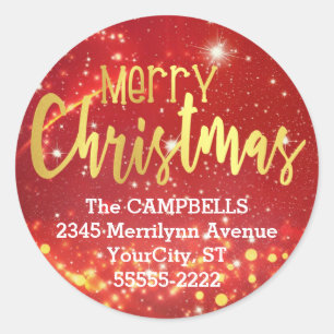 Merry Christmas, Gold/White Lights, Return Address Classic Round Sticker
