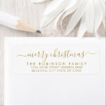 Merry Christmas Gold White Script Return Address<br><div class="desc">Modern Elegant Gold and White Family  Name Merry Christmas Script Return Address Labels. Featuring a pretty hand-written calligraphy swash-tail font script with saying "Merry Christmas". Great for Christmas holiday season,  easy to personalise them with your names and return address info.</div>