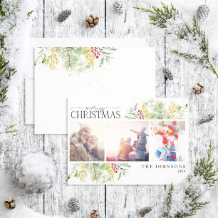Merry Christmas Gold Winter Botanical Photo  Holid Holiday Card