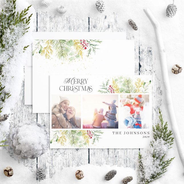 Merry Christmas Gold Winter Botanical Photo Holiday Card (Creator Uploaded)