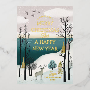 Merry Christmas. Gold winter woodland landscape Foil Holiday Card