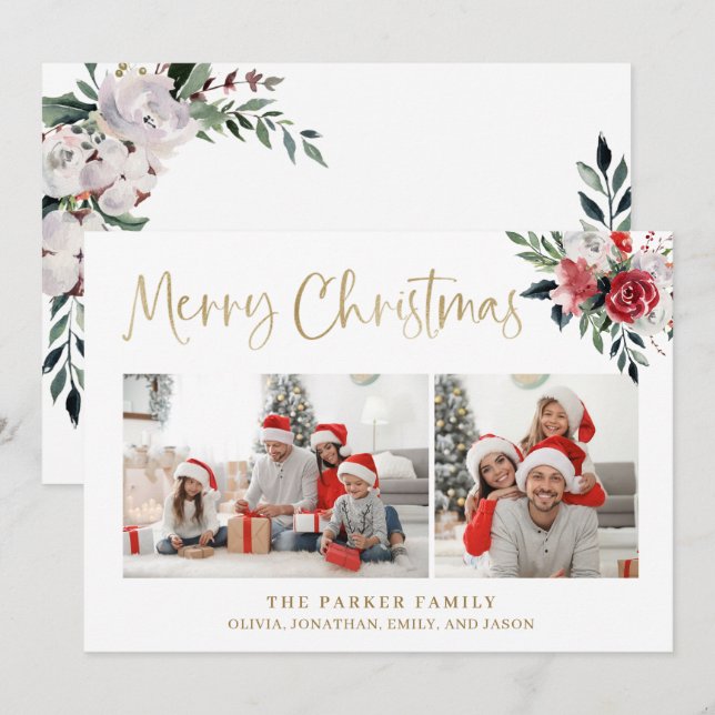 Merry Christmas | Gold with Two Photos and Flowers Holiday Card (Front/Back)
