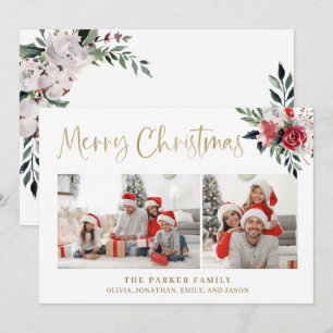 Merry Christmas Gold with Two Photos and Flowers Holiday Card