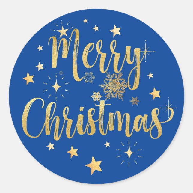 Merry Christmas Gold Writing Stars Snowflakes Blue Classic Round Sticker (Front)