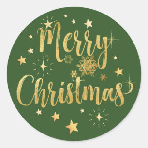 Merry Christmas Gold Writing Stars & Snowflakes Classic Round Sticker