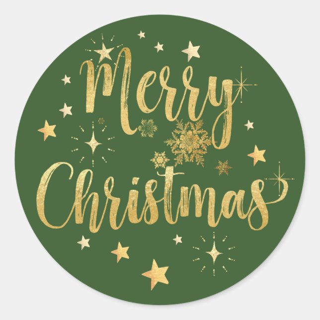 Merry Christmas Gold Writing Stars & Snowflakes Classic Round Sticker (Front)
