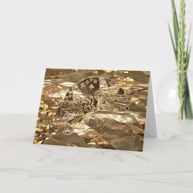 Merry Christmas Golden Angels Playing Trumpet Chic Holiday Card (Front)