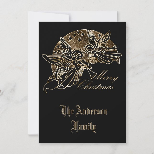 Merry Christmas Golden Angels Trumpet Typography Holiday Card (Front)