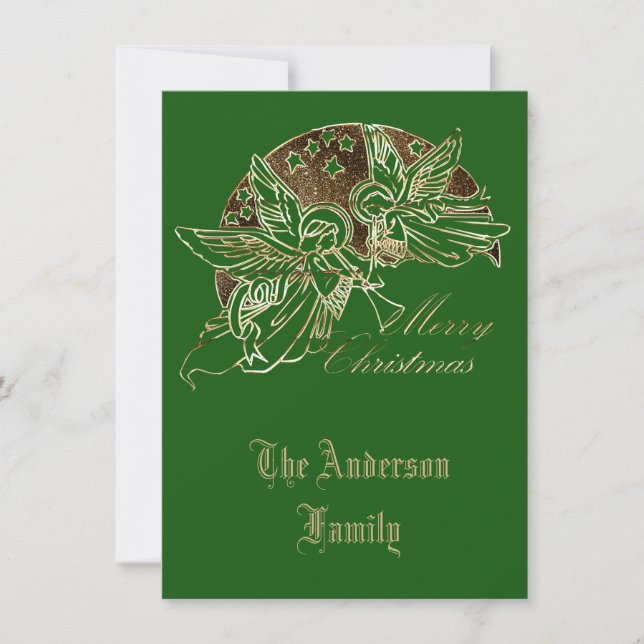 Merry Christmas Golden Angels Trumpet Typography Holiday Card (Front)