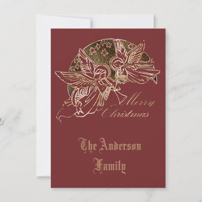 Merry Christmas Golden Angels Trumpet Typography Holiday Card (Front)