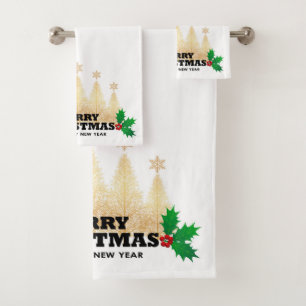 Merry Christmas Golden Christmas Trees Bath Towel Set