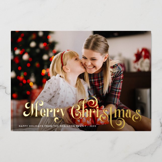 merry christmas golden foil lettering  foil holiday card (Front)