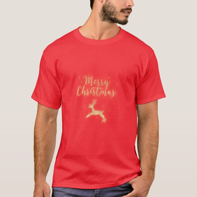 Merry Christmas Golden Glitter Deer Personalize T-Shirt (Front)
