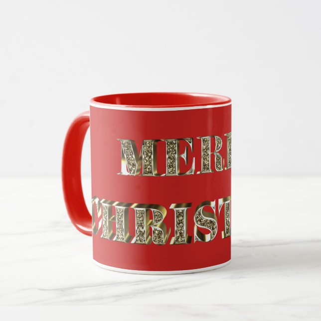 Merry Christmas Golden Glitter Typography Red Gold Mug (Front Left)