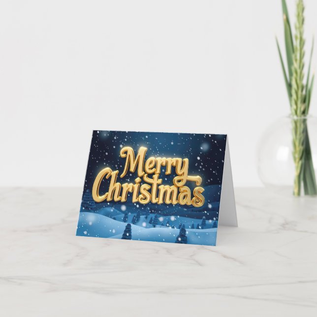 "Merry Christmas" golden lettering with snow Holiday Card (Front)