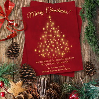Merry Christmas! Golden Lights Tree on Lush Red Holiday Card