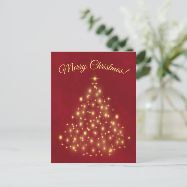 Merry Christmas! Golden Lights Tree on Red Simple Holiday Postcard (Standing Front)