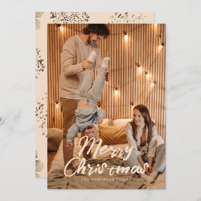 Merry Christmas Golden Ornamental Family Photo Holiday Card (Front/Back)