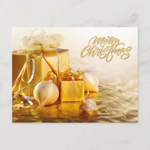 Merry Christmas Golden Ornaments and Gift Boxes Holiday Postcard