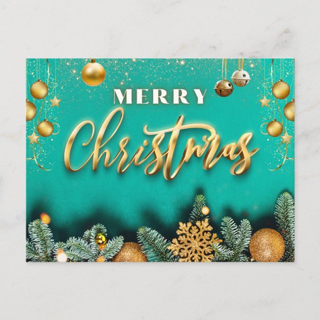 Merry Christmas Golden Ornaments and Pine Branches Holiday Postcard (Front)