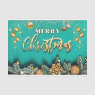 Merry Christmas Golden Ornaments and Pine Branches Tissue Paper