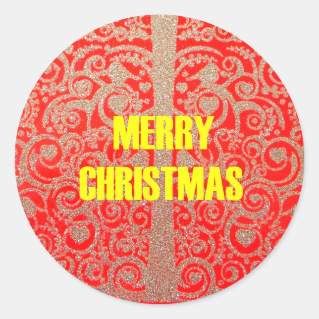 Merry Christmas Golden Red Snow Glitter Hearts Art Classic Round Sticker (Front)