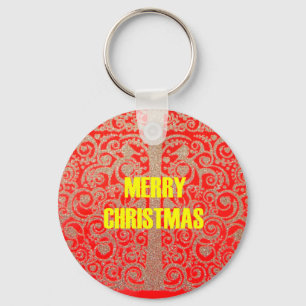 Merry Christmas Golden Red Snow Glitter Hearts Art Key Ring