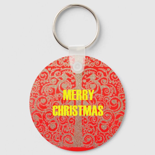 Merry Christmas Golden Red Snow Glitter Hearts Art Key Ring (Front)